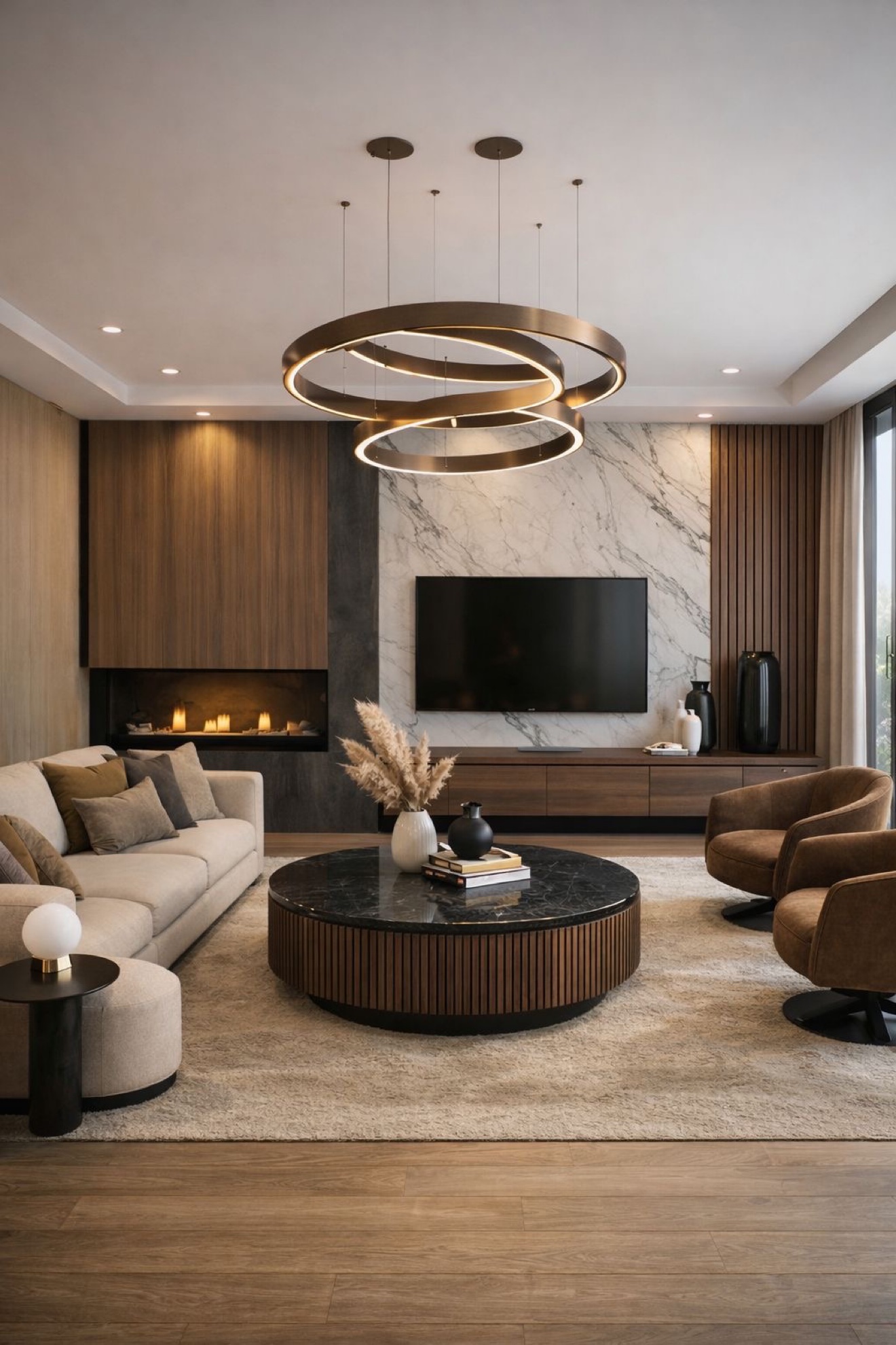 Luxury living room with a circular bronze chandelier and marble television wall