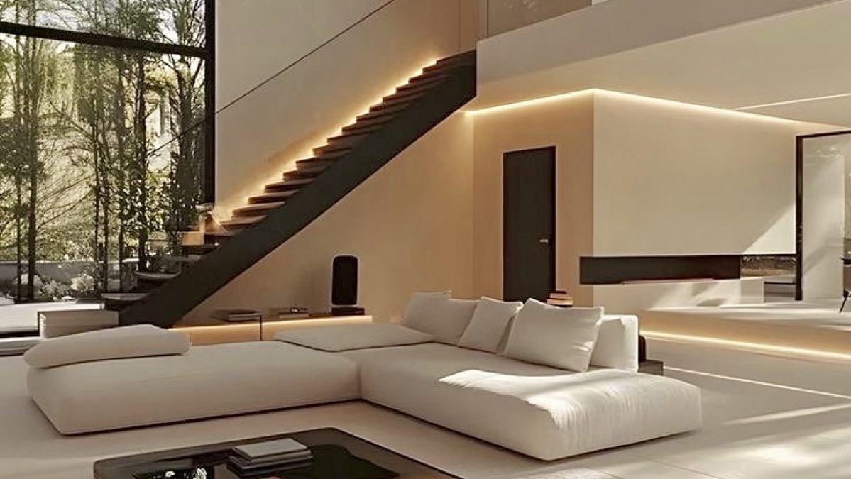 Minimalist white living room with a floating staircase