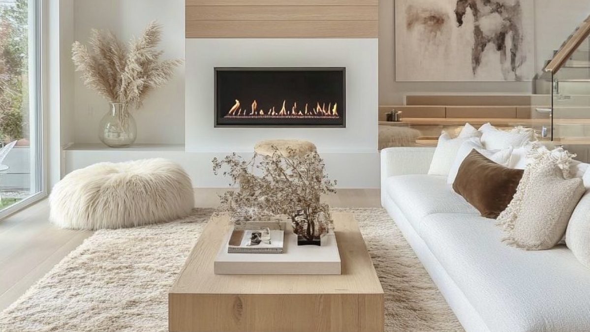 Bright living room with a tall fireplace wall, ready for sale