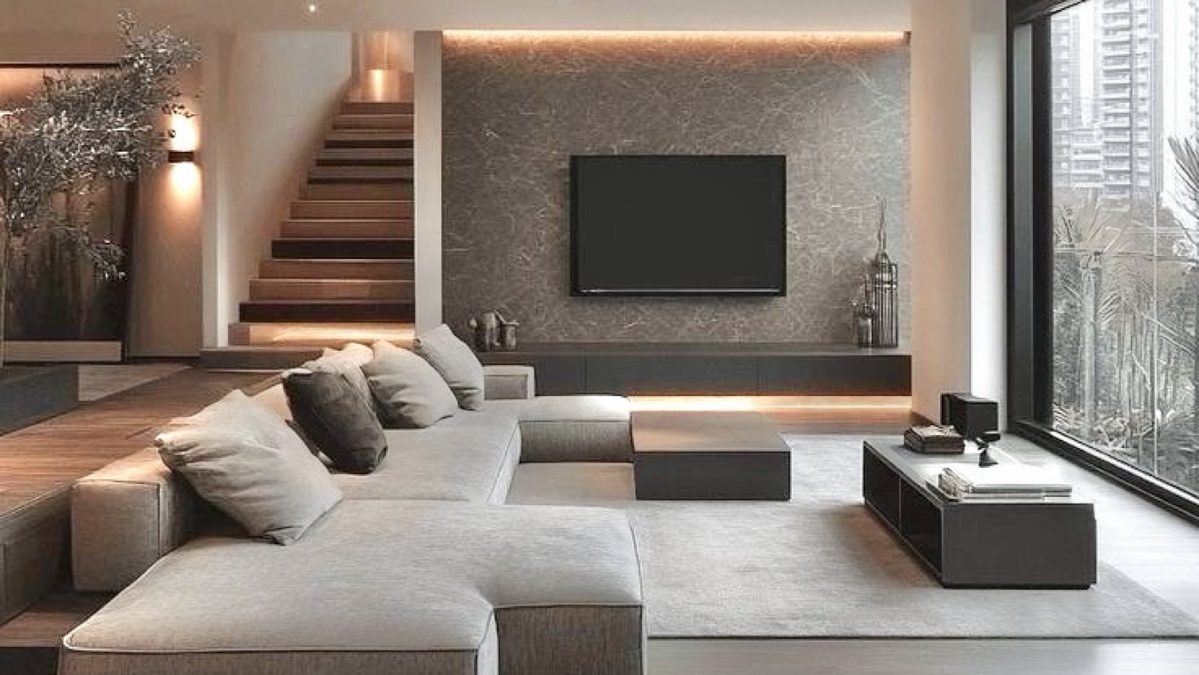 Double-height living room with a stone TV wall