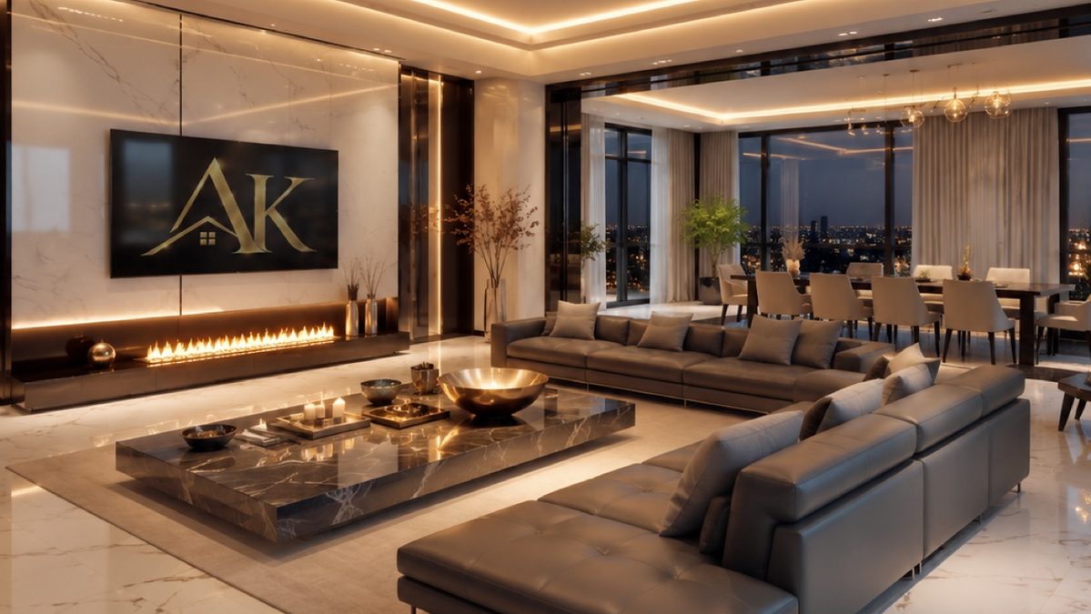 Staged luxury living room with marble floors and a linear fireplace