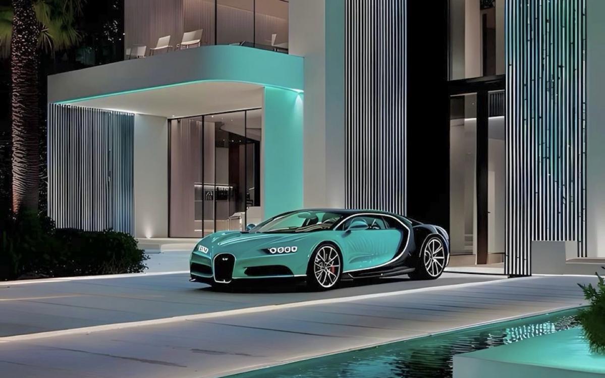 Villa glowing at night with a teal sports car by the pool