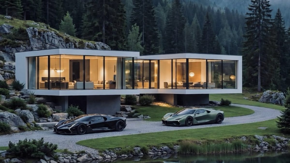 Glass house in the mountains at dusk